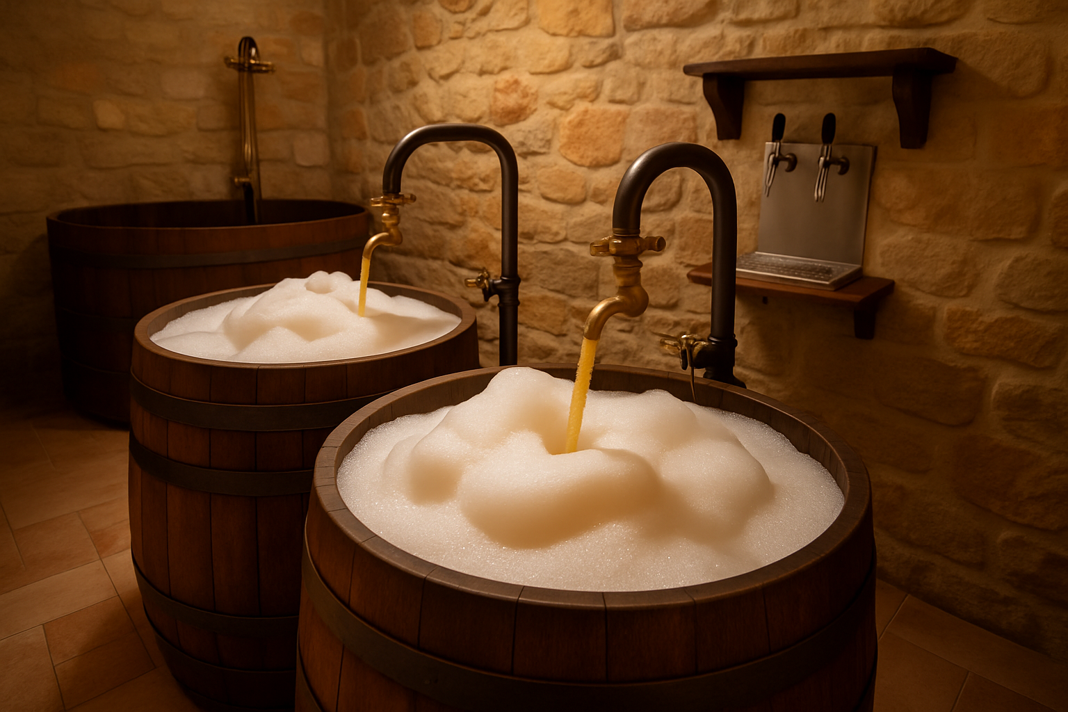 Circuito de Beer Spa con barriles de madera y espuma de cerveza