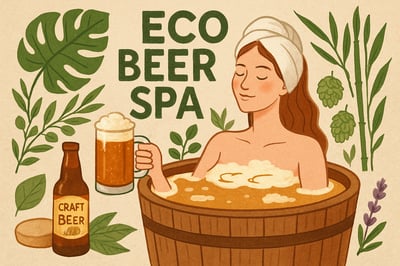 Ilustración de bienestar en Eco Beer Spa con elementos naturales y cerveza artesanal