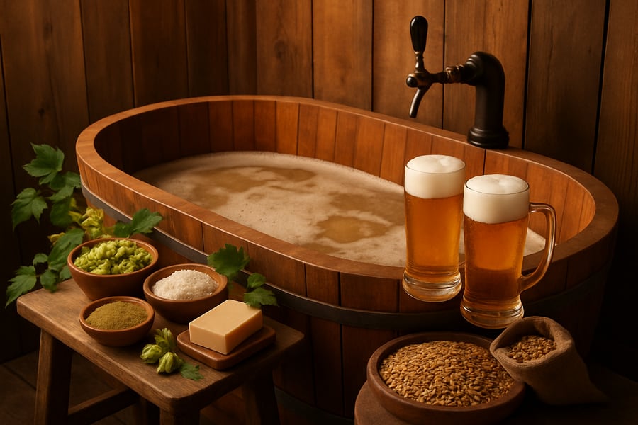 Imagen relajante de un circuito de Beer Spa con productos naturales y cerveza artesanal