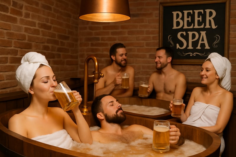 Personas relajándose en un spa con temática de cerveza.