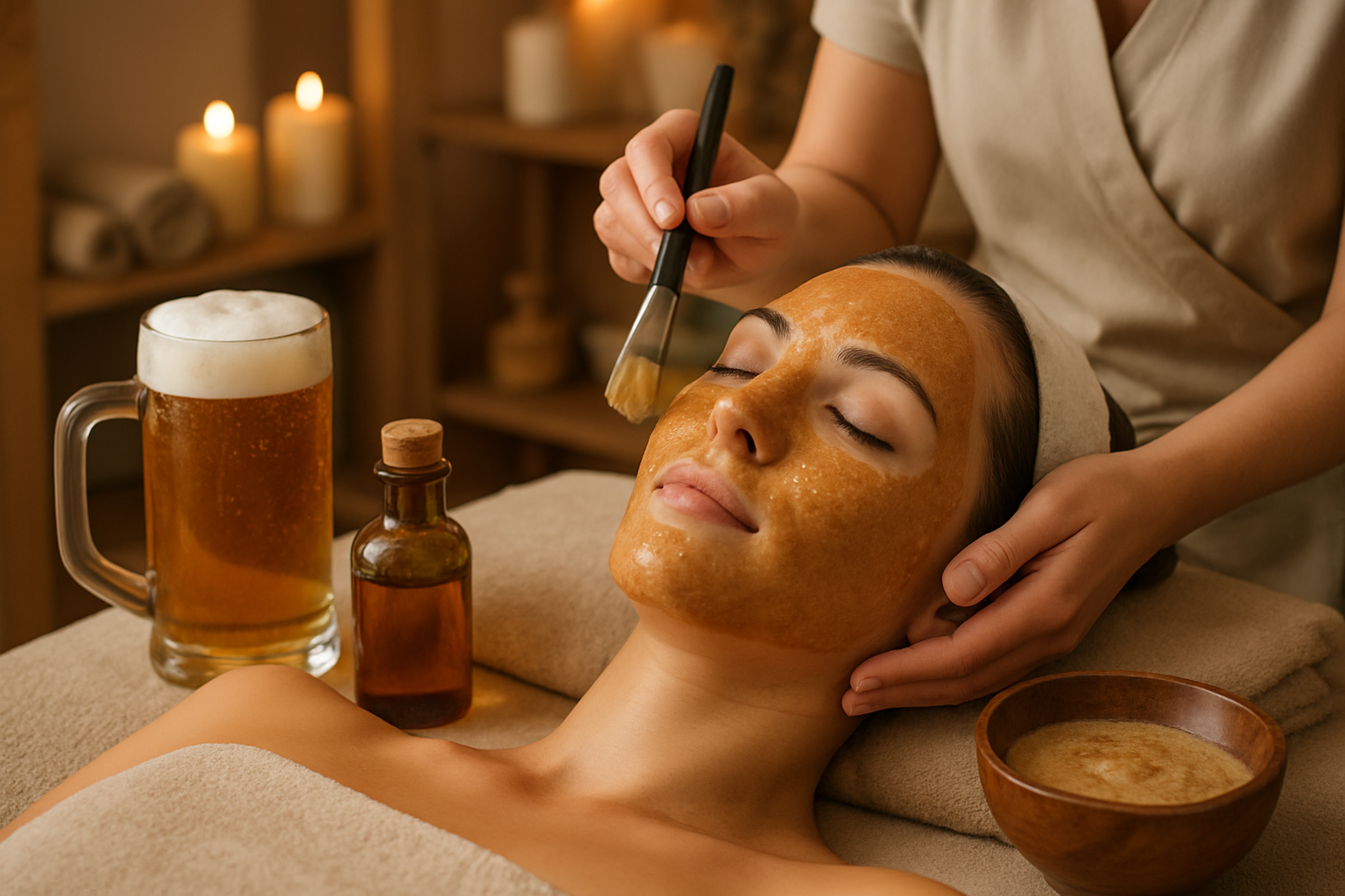 Tratamiento facial con productos a base de cerveza en cabina de spa